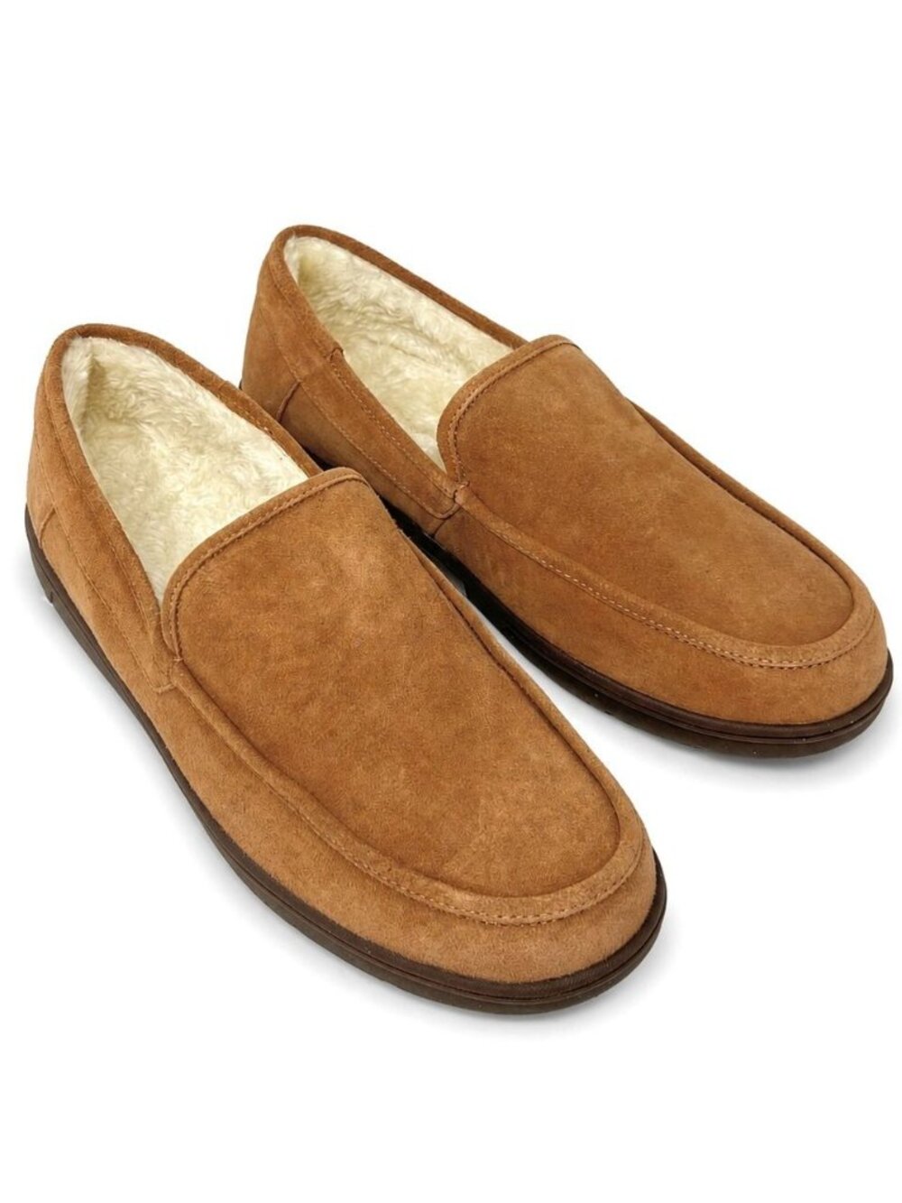 Vionic Gustavo Mens 12 Toffee Brown Suede Shearling Supportive Hardsole Slippers